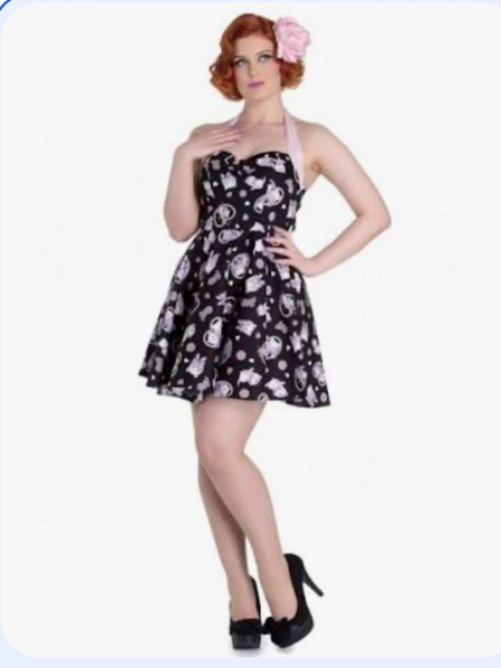 Hell Bunny Black Halter Swing Dress with Pink Straps and White Print